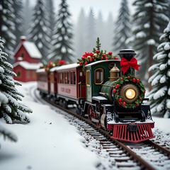 Festively decorated locomotive chugging through a snowy forest landscape, photorealistic of transportation concept.