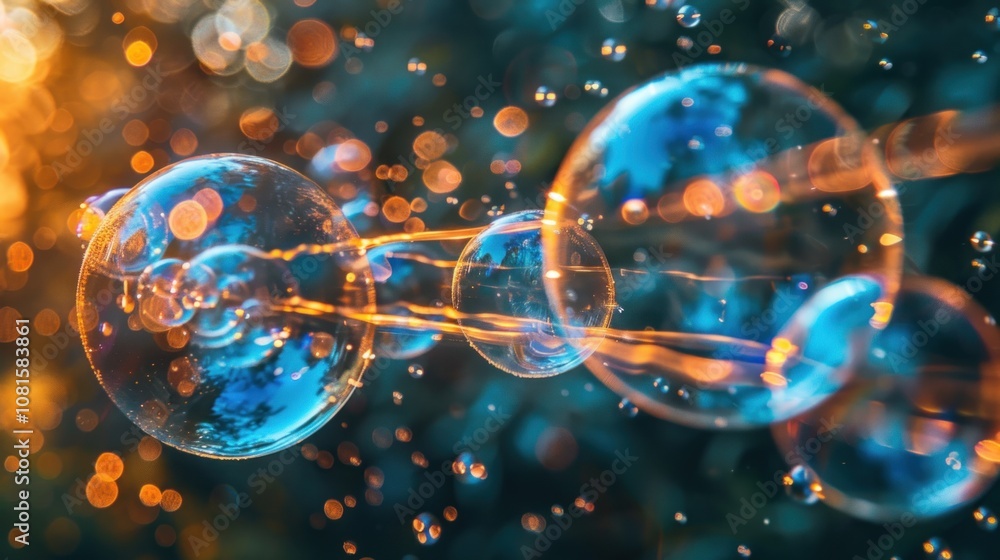 Aufkleber a chain of soap bubbles floating in the air with a blurred bokeh background of warm light and out of