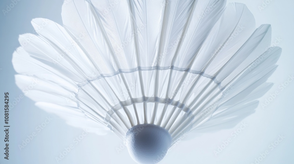 Poster a badminton shuttlecock feathers with focus on the arrangement and symmetry, indoor setting with flu