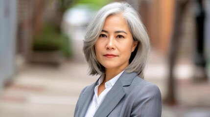 A poised Asian businesswoman in a sleek gray suit stands confidently in the bustling city, embodying success and professionalism.