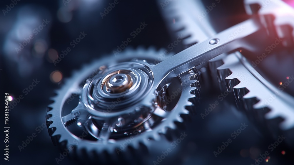 Poster intricate close-up of metallic gears demonstrating kinetic motion and precision engineering in a sty