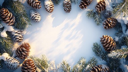 Naklejka premium A rustic border of natural pine cones and green evergreen branches, forming a frame around a blank white central area, soft shadows, realistic textures, hd quality, serene winter ambiance. --ar 16:9