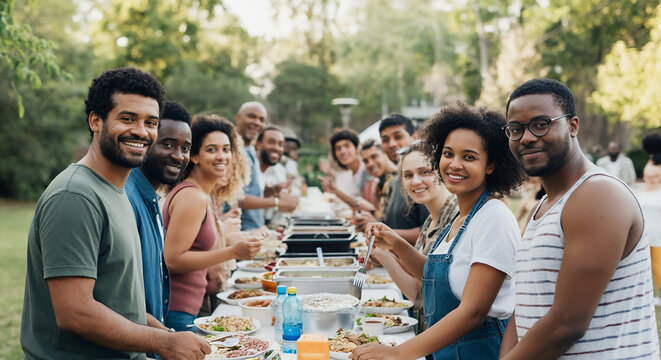A community event with people from diverse backgrounds enjoying a meal together at a long table outdoors
