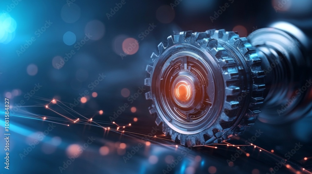 Poster kinetic design of a futuristic gear with glowing elements in a raw style representation for personal