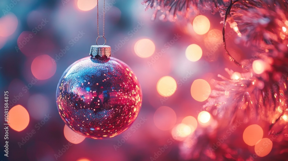 Poster a single red christmas ornament hangs on a branch of a christmas tree with a bokeh background of red