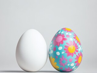 Fototapeta premium Two eggs sidebyside one white and clean, the other painted in vibrant patterns flat lay, colorful, artistic style, balanced composition, soft natural light