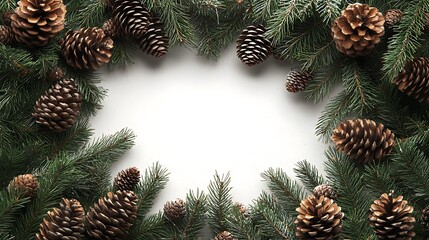 A rustic border of natural pine cones and green evergreen branches, forming a frame around a blank white central area, soft shadows, realistic textures, hd quality, serene winter ambiance. --ar 16:9