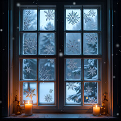 Serene winter window with frosted glass, flickering candles, and snowy landscape beyond, photography of still life concept.