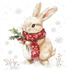 cute rabbit wearing red scarf holds holly, surrounded by snowflakes. Perfect for holiday themes
