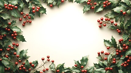 A vibrant border of holly leaves and red berries, forming a classic Christmas garland around a central blank copy space, soft festive highlights, hd quality, detailed foliage. --ar 16:9
