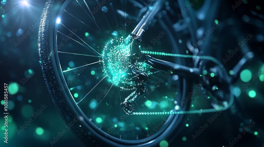 Poster abstract representation of kinetic energy in a bicycle gear, blending raw mechanics with digital art