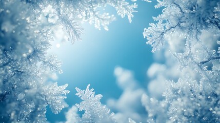 A winter wonderland border with snow-laden branches and crystal-clear icicles, forming a frosty frame around a blank area, cold blue highlights, soft winter shadows, hd quality. --ar 16:9