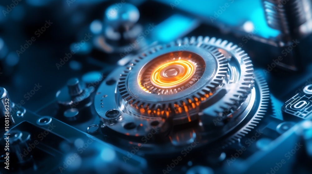 Poster close-up of a futuristic kinetic mechanism with vibrant orange glow, showcasing raw design and intri
