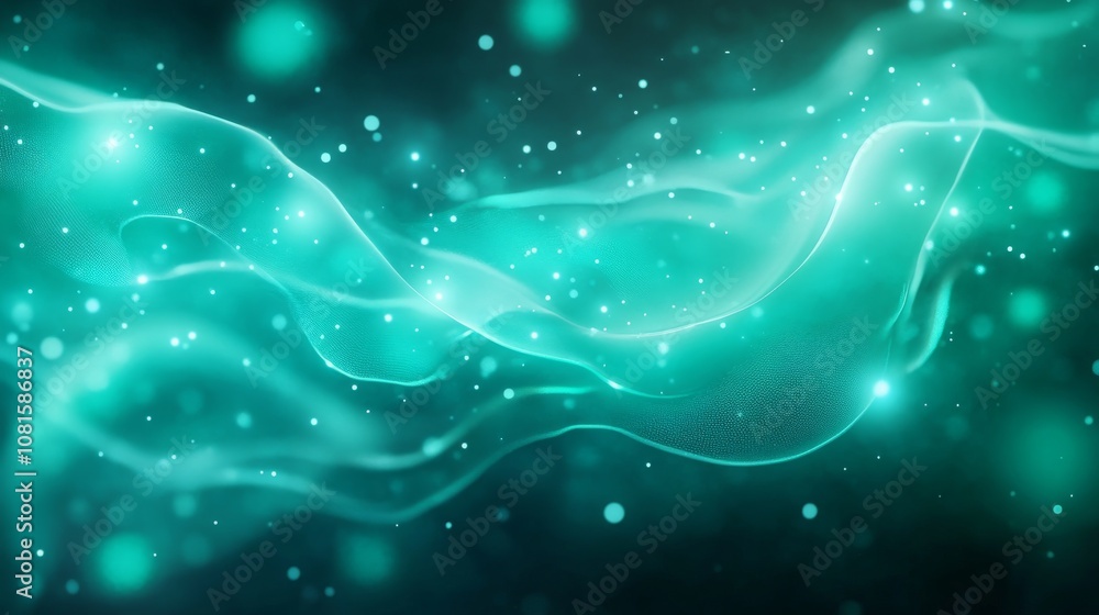 Poster abstract kinetic waves in ethereal teal light with soft movement and dreamy particles for modern bac