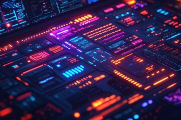 A futuristic control panel with glowing neon lights and digital displays.