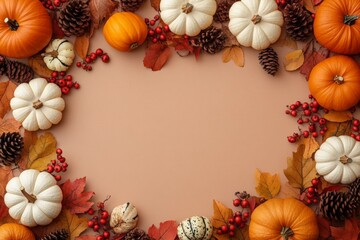 Autumn Harvest Festival with Pumpkins Gourds and Foliage Flat Lay