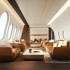Airline lounge interior with leather seating and coffee tables