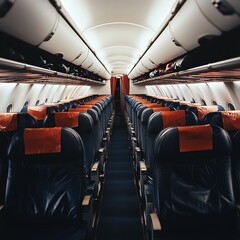 Fototapeta premium Airplane cabin during boarding with luggage stowed overhead