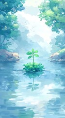 A serene landscape featuring a small plant growing in a tranquil body of water.