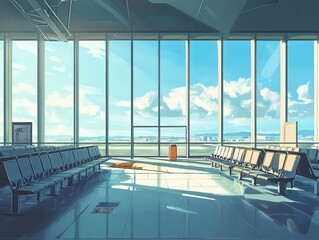 Obraz premium Airport departure area with rows of chairs and large windows