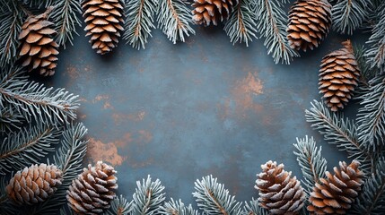 Naklejka premium Christmas pine cone and evergreen branch border with frosted tips, creating a rustic frame around a central copy space, moody lighting, realistic textures, hd quality, holiday spirit. --ar 16:9