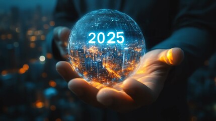 A futuristic crystal ball showcasing a digital cityscape for the year 2025.