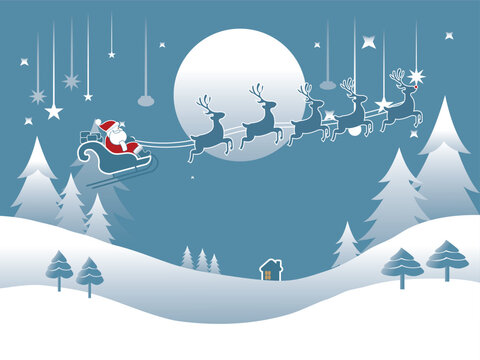 
make a description on this [icture
The image shows a festive winter scene with Santa Claus riding in his sleigh, pulled by six reindeer, against a snowy landscape. A small house with lit windows, pin