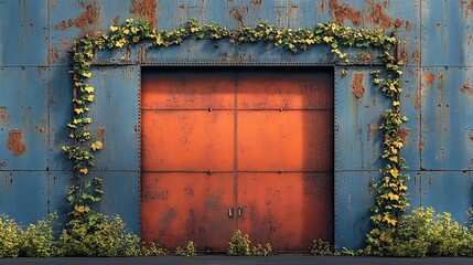 Naklejka premium A rusted blue door framed by vibrant green vines and plants, showcasing nature's resilience.
