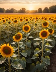 Obraz premium Realistic Sunflower Field Texture Lit by Golden Hour Sunlight