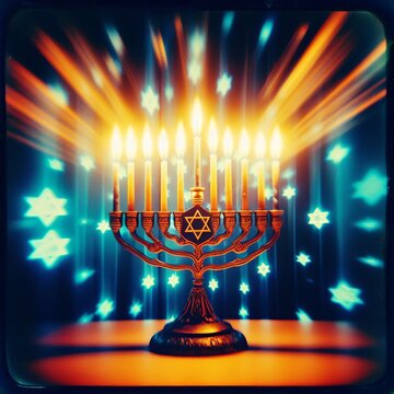A lomographic photograph of a Hanukkah menorah with a slow shutt