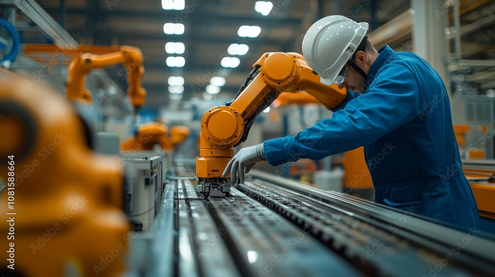 Poster a worker in a factory interacts with a robotic arm on an assembly line