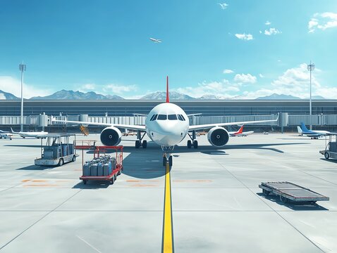 Airport tarmac with airplanes, luggage carts, and vehicles