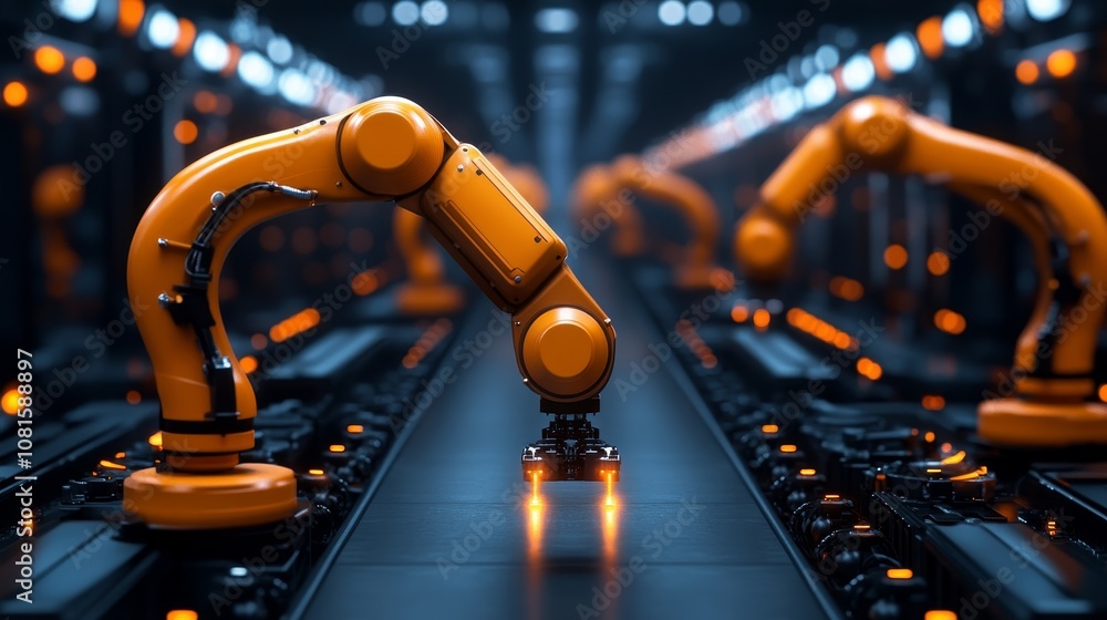 Poster robotic arms on an assembly line in a modern factory