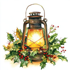 vintage lantern surrounded by holly and berries, evoking warm holiday spirit. Perfect for Christmas decor and seasonal illustrations