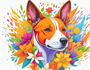 Basenji head against colorful flower background