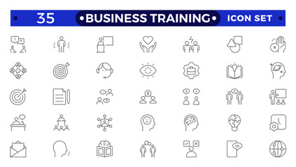 Business training line icons collection. Workshop, lecture, education icons. UI icon set. Interpersonal skill, confidence, problem solving, communication outline icon.