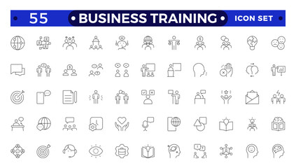 Business training line icons collection. Workshop, lecture, education icons. UI icon set. Interpersonal skill, confidence, problem solving, communication outline icon.