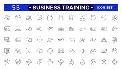 Business training line icons collection. Workshop, lecture, education icons. UI icon set. Interpersonal skill, confidence, problem solving, communication outline icon.