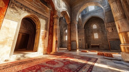 Obraz premium An ornate interior of a historical building with arches, intricate designs, and carpets.