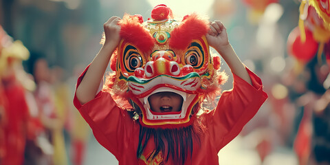 A child happily plays the lion dance on the street full of the atmosphere of the Chinese New Year. Carnival, Chinese New Year, Year of the Snake, New Year, poster, wallpaper, background, culture