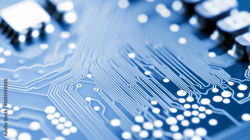 Poster close-up of a blue circuit board with intricate lines and components.