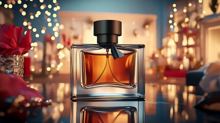 A single bottle of perfume sits on a table with a blurry background of Christmas lights and gifts.