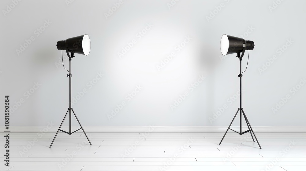 Poster a sleek studio setup featuring dynamic spotlights, creating an ideal backdrop for photography and vi