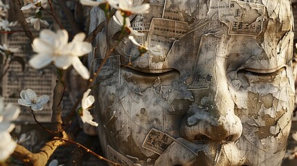 Fototapeta premium 3D illustration inspired by Confucian virtue ethics, depicting a serene face encircled by symbols of moral cultivation, social harmony, and ethical reflection
