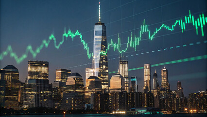 Night cityscape with stock trend line overlay, combining the urban glow with fluctuating green lines, creating a modern financial analysis feel with skyscrapers