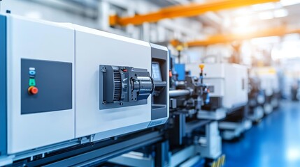 Close-up of an industrial injection molding machine in a factory setting