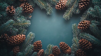 Naklejka premium Pine cones and fresh green fir branches forming a Christmas border, framing a central blank space, soft shadows, natural textures, hd quality, rustic and warm. --ar 16:9