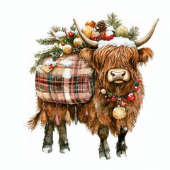 festive Highland cow adorned with Christmas decorations, including ornaments and greenery, creating cheerful holiday atmosphere