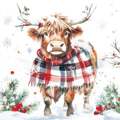 charming highland cow wearing plaid scarf in snowy landscape, surrounded by festive greenery and red berries, evokes cozy winter atmosphere