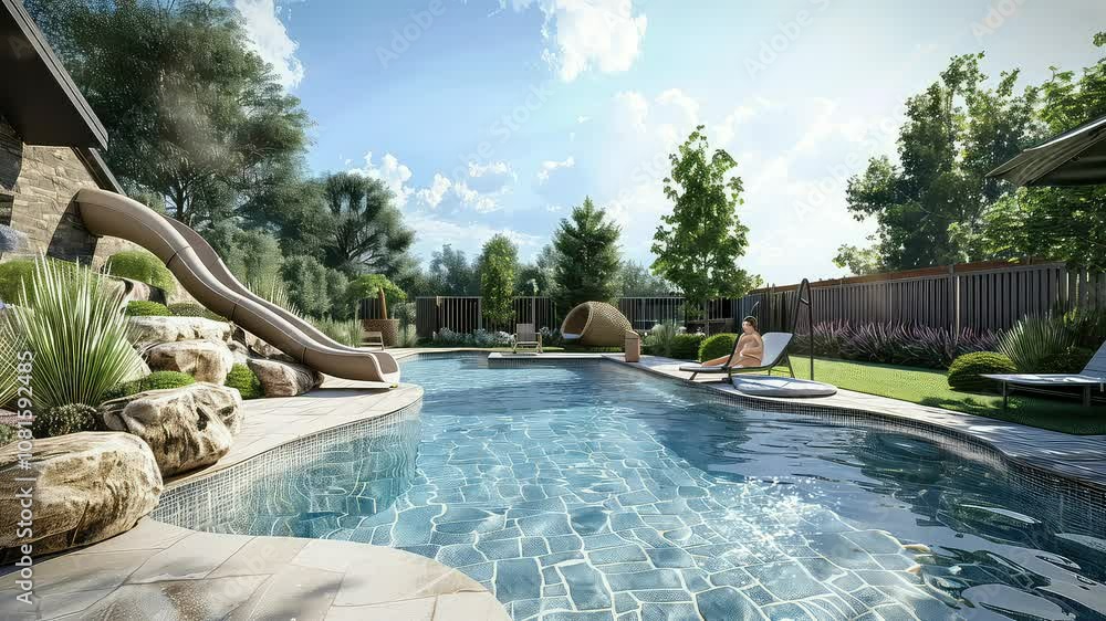 Wall mural animation tranquil garden with refreshing pool view generated with ai